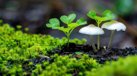A serene close-up of lush green moss featuring delicate white mushrooms and fresh sprouts, capturing the essence of nature's growth and beauty.の素材