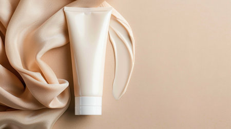 A beautifully arranged cream tube positioned on soft beige fabric, creating a serene and elegant aesthetic perfect for skincare and beauty presentations.の素材