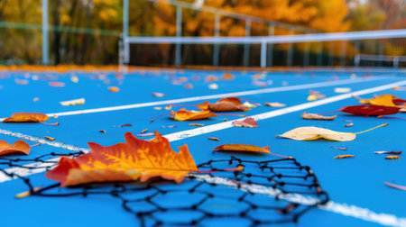A stunning view of colorful autumn leaves scattered on a blue tennis court, featuring a net and soft focus on vibrant trees in the background.の素材
