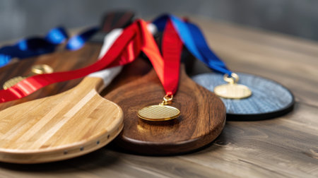 This image features beautifully crafted wooden paddles alongside shiny medals resting on a wooden table. It highlights the essence of sporting achievements and competition.の素材