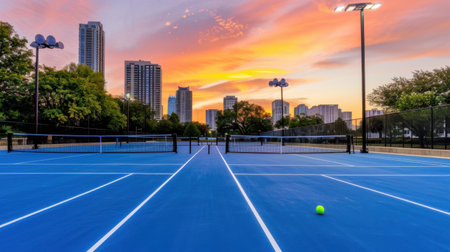 A stunning view of tennis courts bathed in vibrant colors during sunset, showcasing a blue surface and a solitary ball, set against an urban backdrop.の素材