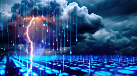 This captivating digital artwork showcases a dramatic scene of stormy clouds and lightning, interspersed with a rain of binary code, symbolizing the intersection of technology and nature.の素材