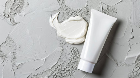 A minimalist arrangement featuring a white cream tube next to a smooth dollop of cream on a textured gray surface, perfect for beauty promotions.の素材