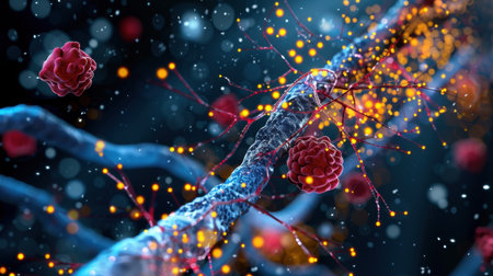 This captivating digital illustration features a vivid exploration of biological cells and molecules interacting within a dynamic microscopic environment.の素材