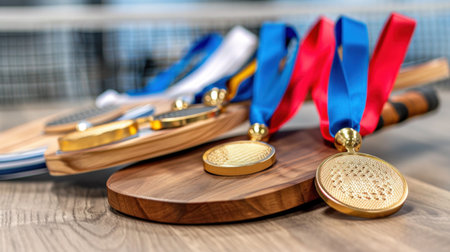 A collection of gold medals with vibrant ribbons displayed on a wooden surface, symbolizing achievement and success in sports competitions. Perfect for capturing the spirit of victory and dedication.の素材