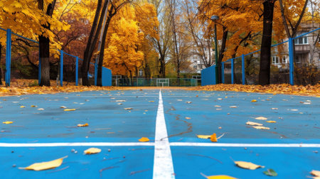 A serene autumn scene featuring an empty basketball court framed by vibrant orange and yellow trees, with leaves scattered on the blue surface, creating a picturesque landscape.の素材