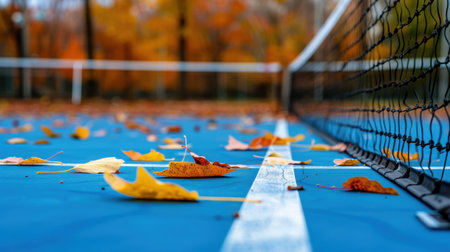 A serene tennis court adorned with colorful autumn leaves, showcasing the beauty of fall. The vibrant blue surface contrasts beautifully with the warm tones of nature, creating a peaceful outdoor scene ideal for leisure and relaxation.の素材