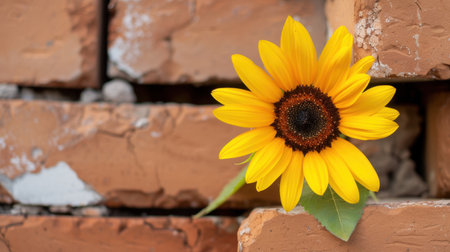 A bright yellow sunflower stands out against a rustic red brick wall, showcasing the beauty of nature in an urban setting. The warm colors and textures create an engaging visual experience.の素材