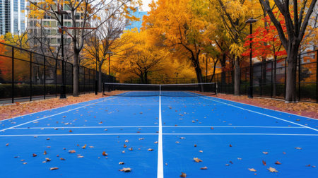 Captivating image of a blue tennis court surrounded by colorful autumn trees, showcasing a serene urban park atmosphere with fallen leaves.の素材