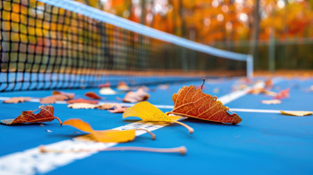 A serene autumn scene featuring a tennis court with fallen leaves on a blue playing surface, bordered by vibrant trees showcasing fall colors.の素材