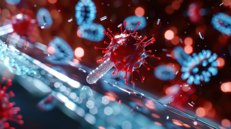 This image presents a detailed and colorful representation of a virus structure, highlighting its components in a scientific context. Perfect for educational and research-related projects.の素材