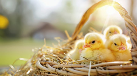 A charming scene featuring fluffy yellow chicks nestled in a rustic basket filled with straw, illuminated by warm sunlight in a serene outdoor setting.の素材