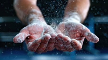 Close-up of hands releasing fine powder in a focused athletic environment, showcasing the determination and strength required for high-performance training and exercise.の素材