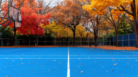 An empty basketball court captures the beauty of autumn with vibrant foliage in rich colors. The bright blue surface contrasts against the colorful leaves, creating a serene outdoor scene perfect for sports and leisure.の素材