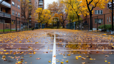 A beautiful autumn basketball court featuring vivid orange and yellow leaves scattered across a wet surface after rain. The scene captures nature's tranquility in an urban setting.の素材
