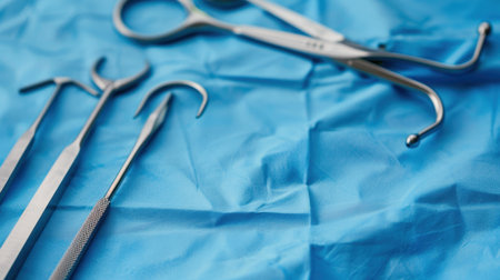 Close-up view of assorted dental instruments arranged on a blue surgical cloth, showcasing precision tools used in healthcare settings for patient care and dental procedures.の素材
