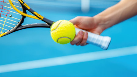 A dynamic close-up image showing a hand gripping a tennis racket, ready to launch a bright yellow tennis ball on a blue court surface. Perfect for sports-themed projects.の素材