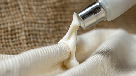 A close-up shot of creamy lotion gracefully dripping onto a soft fabric surface, emphasizing the smooth textures and luxurious feel ideal for skincare products.の素材