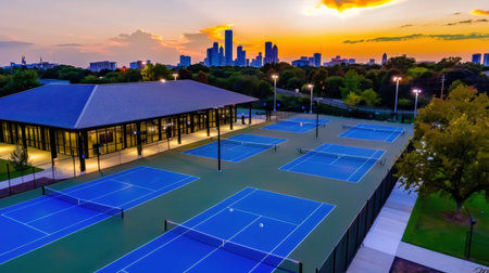A scenic view of empty tennis courts during sunset, featuring vibrant blue courts set against a stunning city skyline and colorful sky.の素材