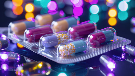 A close-up view of colorful capsules displayed on a shiny surface, surrounded by soft bokeh lights. This image captures the essence of health, wellness, and pharmaceutical innovation.の素材
