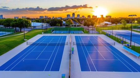 This captivating aerial view captures blue tennis courts set against a stunning sunset and city skyline, perfect for sports and leisure imagery.の素材