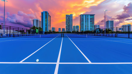 A vivid tennis court under a breathtaking sunset, showcasing vibrant colors against a backdrop of modern buildings. Perfect for sports and lifestyle themes.の素材