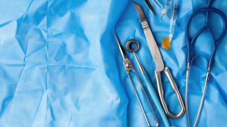 A detailed view of various surgical instruments arranged on a blue medical background. This image showcases vital tools essential for medical procedures, emphasizing precision and care in healthcare settings.の素材