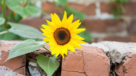 A stunning sunflower displays its bright yellow petals against a rustic brick wall, surrounded by lush green leaves, symbolizing nature's beauty and resilience.の素材