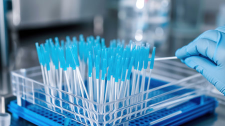 A close-up view of a hand holding a cotton swab above a container filled with multiple sterile swabs, emphasizing precision and hygiene in laboratory testing.の素材