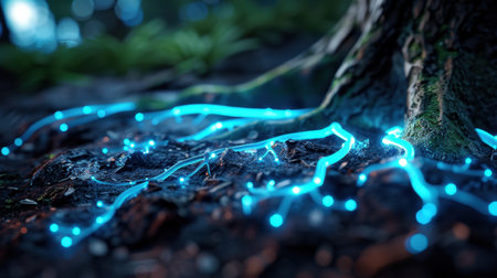 A captivating scene showcasing glowing blue roots emerging from a tree, illuminating the forest floor with a mystical light. This enchanting imagery evokes a sense of wonder and connection to nature.の素材