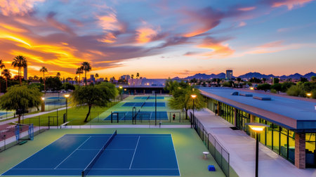 A mesmerizing sunset paints the sky over well-maintained tennis courts, surrounded by lush palm trees and stunning mountain views, inviting sports enthusiasts.の素材