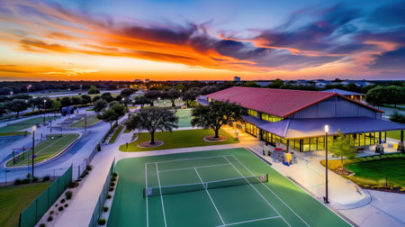 A stunning aerial view of outdoor tennis courts illuminated by soft evening lights, set against a dramatic sunset and modern sports facility, showcasing recreation.の素材