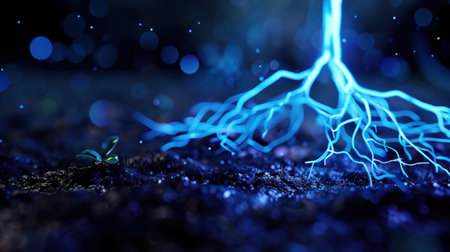 This captivating image features glowing electric roots emerging from dark soil, surrounded by sparkling bokeh lights, evoking themes of nature and energy.の素材
