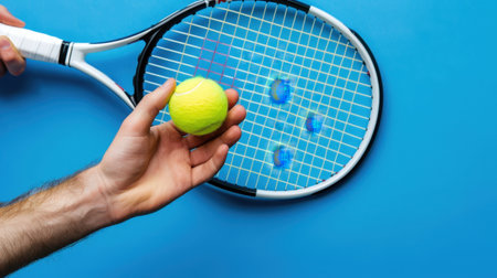A dynamic close-up image capturing a hand gripping a yellow tennis ball poised above a tennis racket, set against a vibrant blue background, perfect for conveying energy and athleticism in sports.の素材