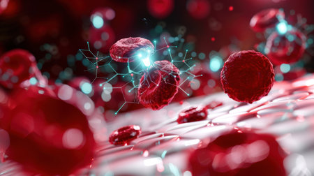 This striking image features red blood cells suspended in a vibrant, abstract biological environment, highlighting complex molecular structures.の素材