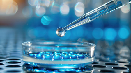 A close-up view of a pipette releasing a droplet of liquid onto a petri dish in a laboratory, showcasing vibrant blue tones and emphasizing precision in scientific research.の素材