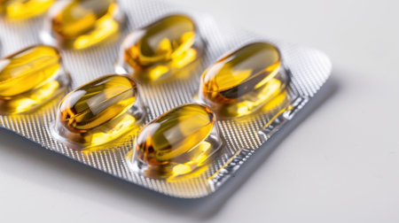This image features a close-up view of gelatin capsules arranged in a blister pack, showcasing bright yellow pills ideal for dietary supplements.の素材