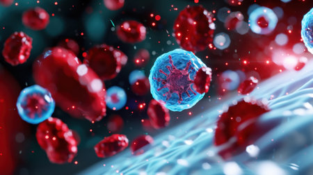 This vivid and intricate image showcases virus cells alongside red blood cells, illustrating the complex interactions within the human immune system under a microscope.の素材