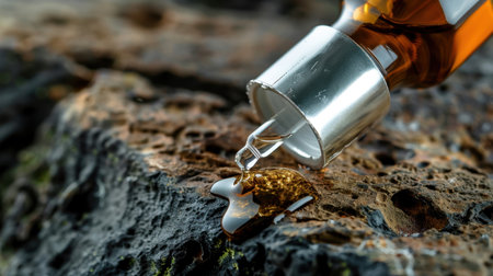 A striking close-up image of an essential oil bottle tipping over with a single droplet resting on a textured stone surface, emphasizing natural wellness.の素材