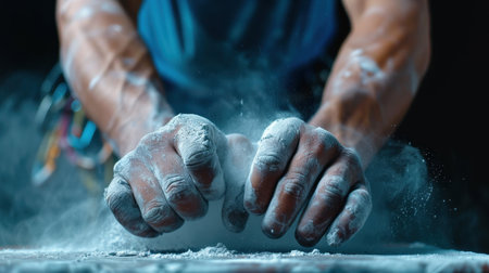 Captivating image of strong hands pressing chalk dust, symbolizing focus and preparation during intense training sessions in the gym.の素材