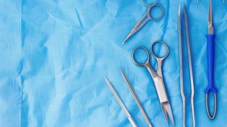 A collection of surgical instruments arranged neatly on a blue surgical drape, ready for medical procedures. Essential tools for precision and care in healthcare settings.の素材