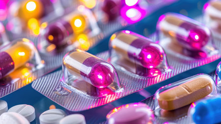 This vibrant image showcases an array of colorful pharmaceutical capsules and pills nestled in clear blister packs, illuminated by bright lighting. Ideal for themes related to healthcare, medicine, and wellness, it emphasizes the intricate details and colors of each medication, conveying a sense of innovation and professionalism in the pharmaceutical industry.の素材