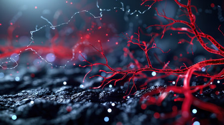 This image presents an abstract representation of red blood vessels surrounded by glowing particles, creating a captivating and ethereal atmosphere suitable for science and health themes.の素材