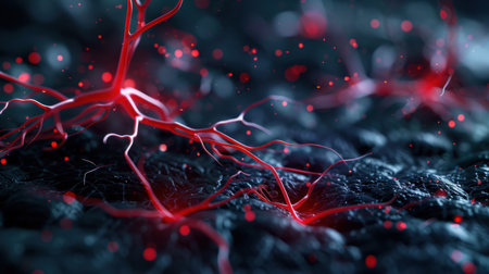 This captivating image features glowing red veins set against a dark textured surface, creating a striking representation of cellular dynamics and energy flow.の素材