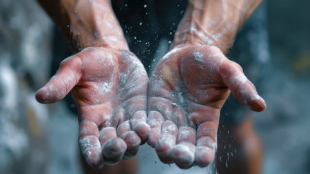 A close-up view of hands covered in white chalk dust, ready for climbing or gym exercise. The image captures the essence of preparation and focus in fitness.の素材