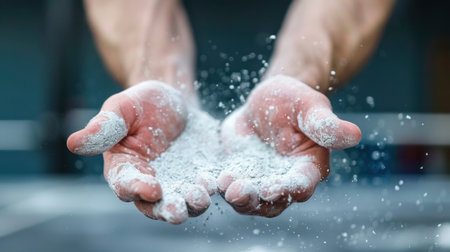 The image captures hands releasing fine powder in an expressive motion, symbolizing strength and focus in a softly lit environment, ideal for fitness themes.の素材