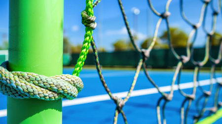 A close-up view showcases a green tennis net post secured with a rope, set against a vibrant blue tennis court under a clear sky, highlighting sport energy.の素材