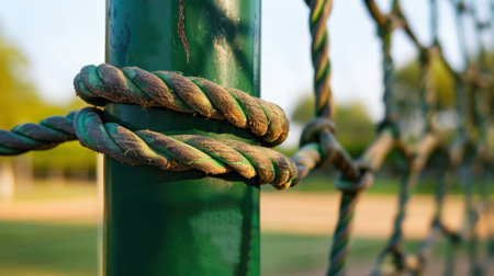 A close-up capture of a green post secured with a durable rope, emphasizing texture and detail. Ideal for representing outdoor sports settings.の素材