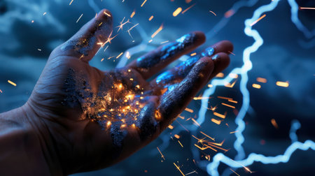 This captivating image features a hand releasing glowing sparks against a stormy backdrop. The interplay of light and energy captures the essence of power and creativity.の素材