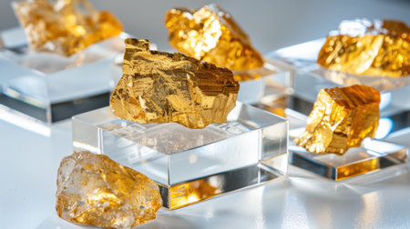 A captivating arrangement of golden mineral rocks elegantly showcased on clear acrylic stands, reflecting light and emphasizing their stunning natural beauty.の素材
